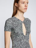 Detail image of model wearing Slinky Jersey Keyhole Dress in BLACK/WHITE/JADE