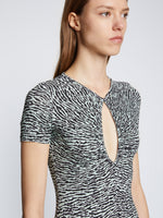 Detail image of model wearing Slinky Jersey Keyhole Dress in BLACK/WHITE/JADE