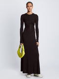 Front full length image of model wearing Long Sleeve Jersey Open Back Dress in BLACK