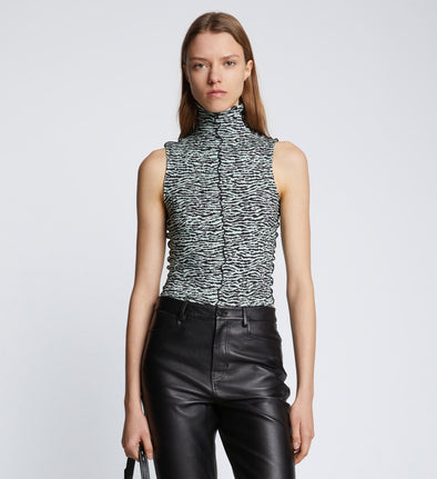 Front cropped image of model wearing Slinky Jersey Turtleneck Top in BLACK/WHITE/JADE