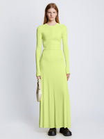 Front full length image of model wearing Long Sleeve Jersey Open Back Dress in LIME