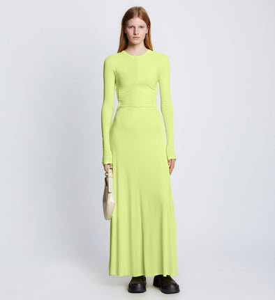 Front full length image of model wearing Long Sleeve Jersey Open Back Dress in LIME