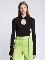 Front cropped image of model wearing Long Sleeve Jersey Keyhole Top in BLACK