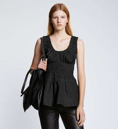 Front cropped image of model wearing Poplin Gathered Tank Top in BLACK