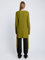 Back full length image of model wearing Ribbed Cotton Relaxed Cardigan in LEAF 