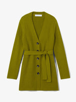 Still Life image of Ribbed Cotton Relaxed Cardigan in LEAF with belt tied in front