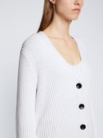 Detail image of model wearing Ribbed Cotton Relaxed Cardigan in OFF WHITE