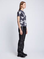 Side image of model wearing Tie Dye T-Shirt in BLACK/WHITE