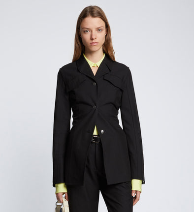 Front cropped image of model wearing Drapey Suiting Jacket in BLACK