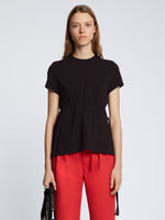 Front cropped image of model wearing Ruched Side Tie T-Shirt in BLACK