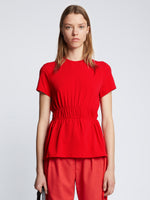 Front cropped image of model wearing Ruched Side Tie T-Shirt in CHERRY