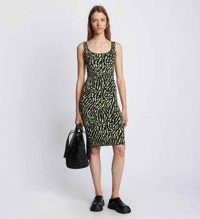 Front full length image of model wearing Animal Jacquard Tank Top Dress in BLACK/LIME
