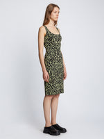 Side full length image of model wearing Animal Jacquard Tank Top Dress in BLACK/LIME