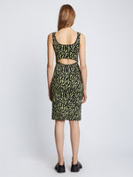 Back full length image of model wearing Animal Jacquard Tank Top Dress in BLACK/LIME