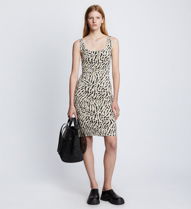 Front full length image of model wearing Animal Jacquard Tank Top Dress in BEIGE/BLACK