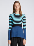 Front cropped image of model wearing Slinky Stripe Long Sleeve Sweater in AQUA/BLACK/OXFORD BLUE