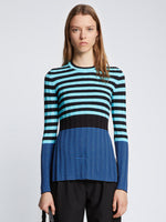 Front cropped image of model wearing Slinky Stripe Long Sleeve Sweater in AQUA/BLACK/OXFORD BLUE