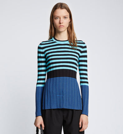 Front cropped image of model wearing Slinky Stripe Long Sleeve Sweater in AQUA/BLACK/OXFORD BLUE