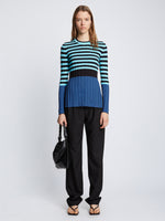 Front full length image of model wearing Slinky Stripe Long Sleeve Sweater in AQUA/BLACK/OXFORD BLUE untucked