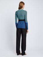 Back full length image of model wearing Slinky Stripe Long Sleeve Sweater in AQUA/BLACK/OXFORD BLUE