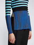 Detail image of model wearing Slinky Stripe Long Sleeve Sweater in AQUA/BLACK/OXFORD BLUE