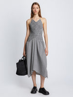Front full length image of model wearing Gingham Seersucker Smocked Dress in OFF WHITE/BLACK