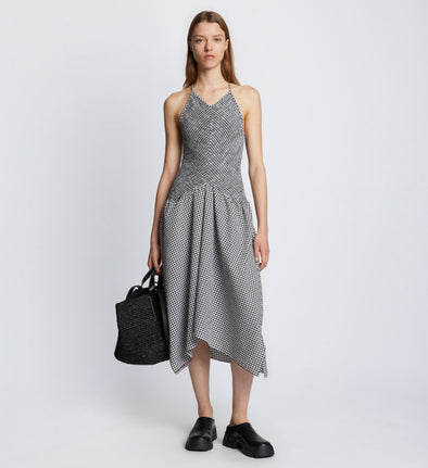 Front full length image of model wearing Gingham Seersucker Smocked Dress in OFF WHITE/BLACK