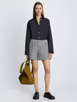 Front full length image of model wearing Gingham Seersucker Boxer Shorts in OFF WHITE/BLACK