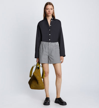 Front full length image of model wearing Gingham Seersucker Boxer Shorts in OFF WHITE/BLACK