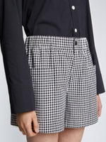 Detail image of model wearing Gingham Seersucker Boxer Shorts in OFF WHITE/BLACK