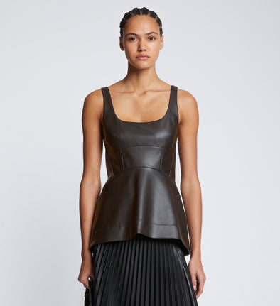 Front cropped image of model wearing Faux Leather Bustier Top in BLACK