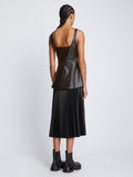 Back full length image of model wearing Faux Leather Bustier Top in BLACK