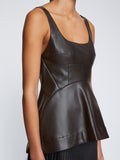 Detail image of model wearing Faux Leather Bustier Top in BLACK
