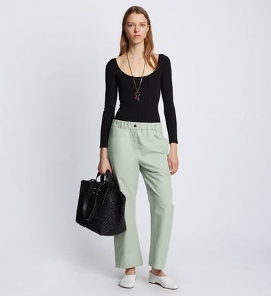 Front full length image of model wearing Solid Cotton Linen Easy Pants in LIGHT SEAFOAM