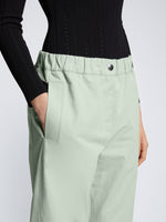 Detail image of model wearing Solid Cotton Linen Easy Pants in LIGHT SEAFOAM