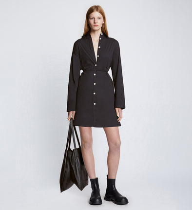 Front full length image of model wearing Soft Poplin Button Down Shirt Dress in BLACK