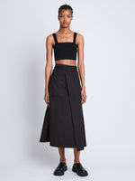 Front full length image of model wearing Soft Poplin Wrap Skirt in BLACK