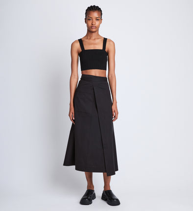 Front full length image of model wearing Soft Poplin Wrap Skirt in BLACK