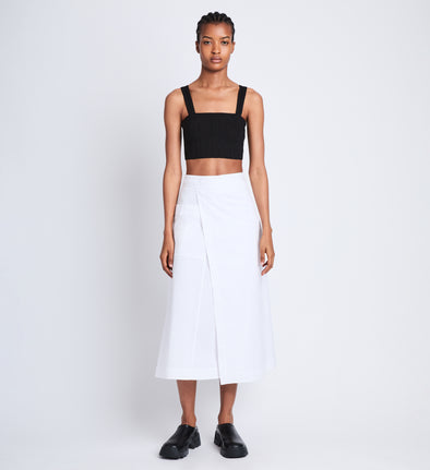 Front full length image of model wearing Soft Poplin Wrap Skirt in OFF WHITE