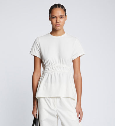 Front cropped image of model wearing Ruched Side Tie T-Shirt in OFF WHITE