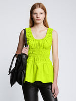 Front cropped image of model wearing Poplin Gathered Tank Top in GREEN APPLE