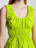Detail image of model wearing Poplin Gathered Tank Top in GREEN APPLE