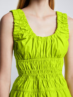 Detail image of model wearing Poplin Gathered Tank Top in GREEN APPLE