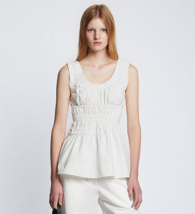 Front cropped image of model wearing Poplin Gathered Tank Top in OFF WHITE