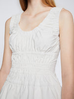 Detail image of model wearing Poplin Gathered Tank Top in OFF WHITE