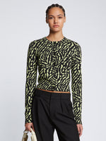 Front cropped image of model wearing Animal Jacquard Cardigan in BLACK/LIME