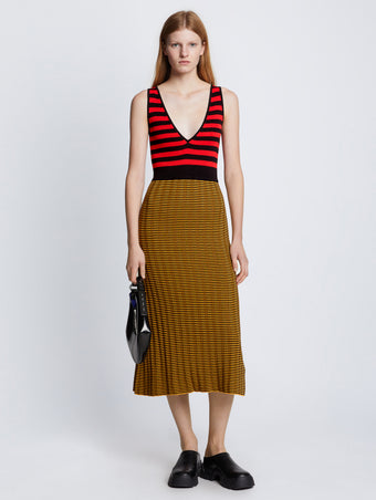 Front full length image of model wearing Slinky Stripe Tank Top Dress in CHERRY/GOLDEN ROD/BLACK