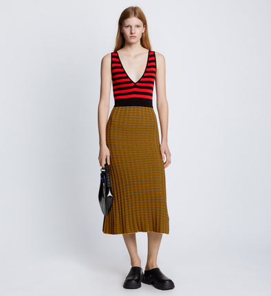 Front full length image of model wearing Slinky Stripe Tank Top Dress in CHERRY/GOLDEN ROD/BLACK