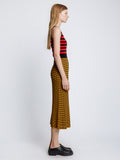 Side full length image of model wearing Slinky Stripe Tank Top Dress in CHERRY/GOLDEN ROD/BLACK