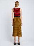 Back full length image of model wearing Slinky Stripe Tank Top Dress in CHERRY/GOLDEN ROD/BLACK